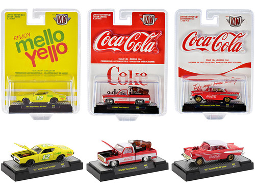 ''Coca-Cola & Mello Yello'' Set of 3 pieces 1/64 Diecast Model Cars by M2 Machines