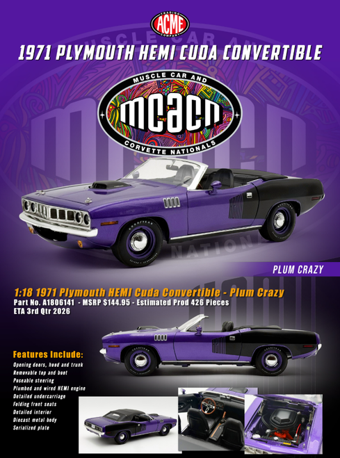 1/18 ACME 1971 Plymouth HEMI Cuda Convertible (Plum Crazy Purple) Diecast Car Model