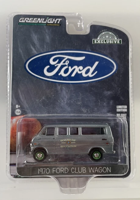 CHASE CAR 1/64 Greenlight 1970 Ford Club Wagon Van (Chrome Silver with Green Wheels) "Board of Education" Diecast Car Model