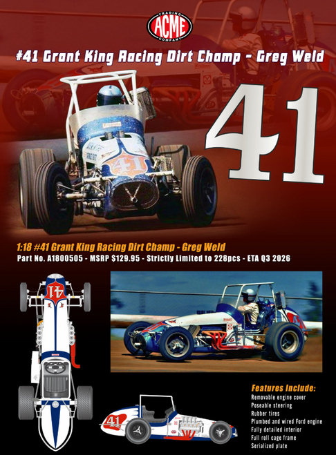 1/18 ACME #41 Grant King Dirt Champ Greg Weld Diecast Car Model
