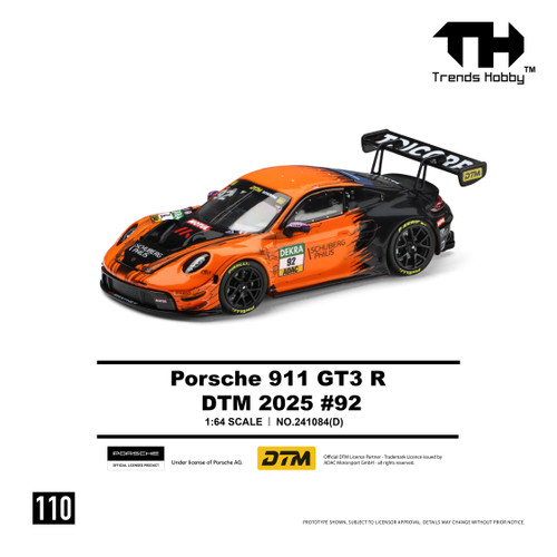 1/64 Trends Hobby 2025 Porsche 911 GT3 R DTM #92 (Orange & Black) Diecast Car Model