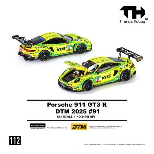 1/64 Trends Hobby 2025 Porsche 911 GT3 R DTM #91 (Yellow) Diecast Car Model