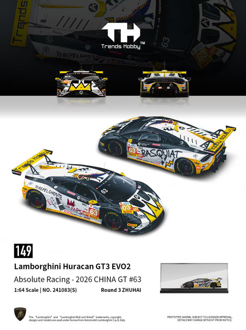 1/64 Trends Hobby 2026 Lamborghini Huracan GT3 Evo 2 Absolute Racing China GT #63 Diecast Car Model