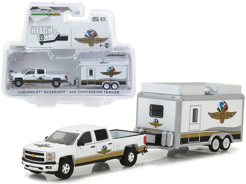Chevrolet Silverado and Indianapolis Motor Speedway (IMS) Concession Trailer Hitch & Tow 1/64 Diecast Model Cars by Greenlight