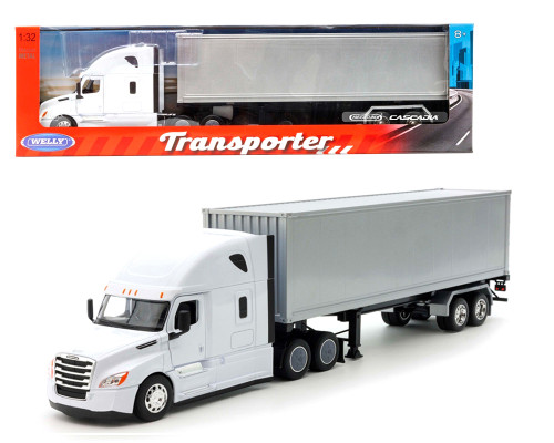 1/32 Welly Freightliner Cascadia Truck (White with Silver Container) "Transporter" Diecast Car Model