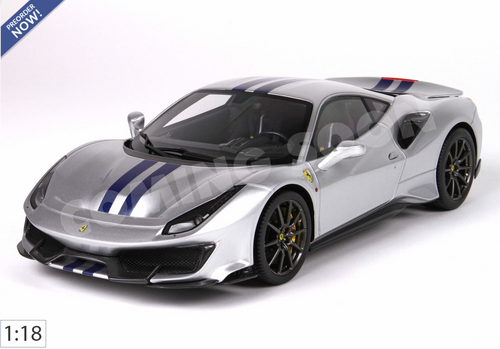 1/18 BBR Ferrari 488 Pista (Silver Nurburgring with Blue Stripe) Full Open Diecast Model Luxury Package Limited 50 Pieces
