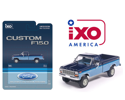 1/64 Ixo 1981 Ford F-150 Custom Explorer Short Bed Styleside 4×2 (Midnight Blue Metallic & Medium Blue Glow) Diecast Car Model