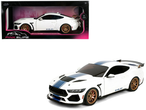 Ford Mustang Shelby Super Snake White Metallic with Blue Stripes and Gold Wheels "Pink Slips" Series 1/18 Diecast Model Car by Jada