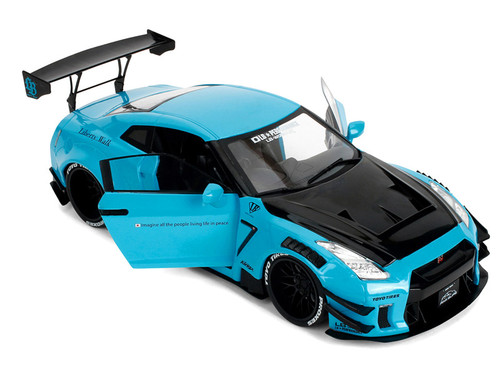 Nissan GT-R (R35) Liberty Walk Body Kit 2.0 RHD (Right Hand Drive) Blue with Black Hood "Pink Slips" Series 1/18 Diecast Model Car by Jada