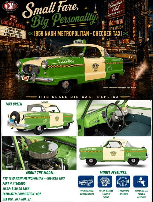 1/18 ACME 1959 Nash Metropolitan Checker Taxi Diecast Car Model