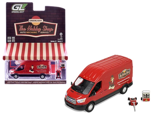 2019 Ford Transit LWB High Roof Van "Hobby Shop Auto Mechanic - Mobile Mechanic" Red with Car Jack and Battery "The Hobby Shop" Series 17 1/64 Diecast Model Car by Greenlight