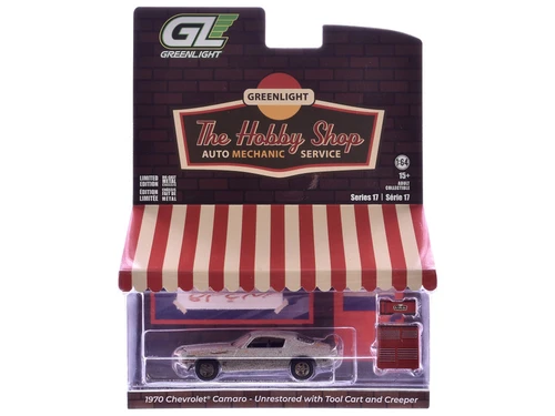 1970 Chevrolet Camaro Cortez Silver (Unrestored) with Tool Cart and Creeper "The Hobby Shop" Series 17 1/64 Diecast Model Car by Greenlight