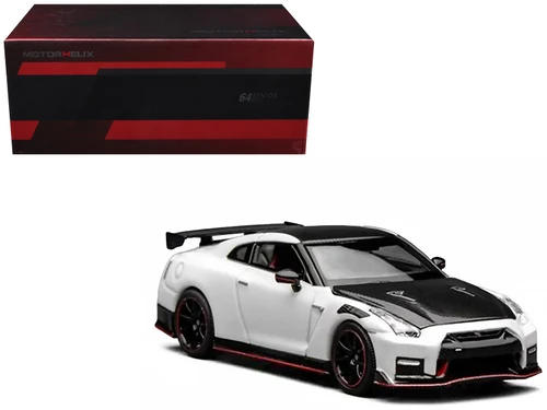 2022 Nissan GT-R Nismo (R35) RHD (Right Hand Drive) Brilliant White Pearl with Carbon Hood and Top "Senior 64" Series 1/64 Diecast Model Car by MotorHelix