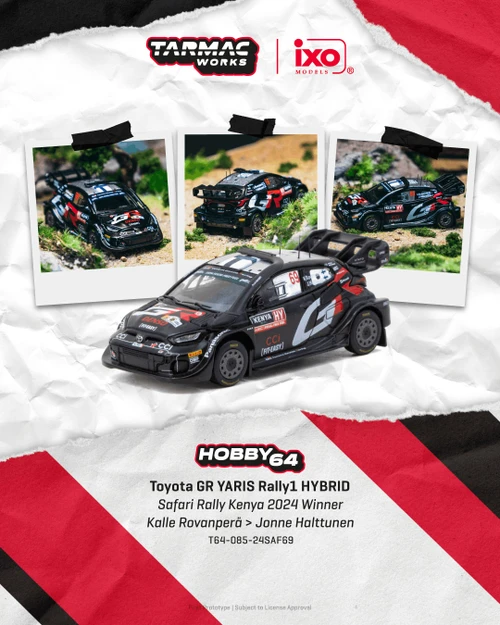 1/64 Tarmac Works 2024 Toyota GR YARIS Rally1 HYBRID Safari Rally Kenya 2024 Winner Kalle Rovanperä, Jonne Halttunen Diecast Car Model