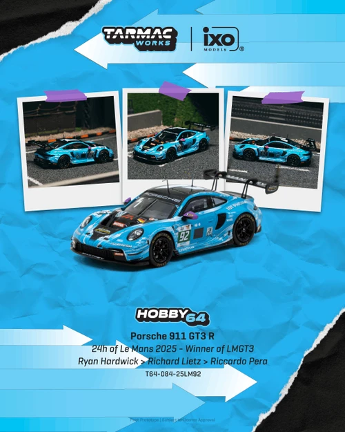 1/64 Tarmac Works 2025 Porsche 911 GT3 R 24h of Le Mans 2025 Winner of LMGT3 Ryan Hardwick, Richard Lietz, Riccardo Pera Diecast Car Model