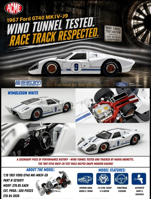 1/18 Shelby Collectibles 1967 Ford GT40 MK MIV J9 #9 Diecast Car Model