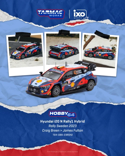 1/64 Tarmac Works Hyundai i20 N Rally1 Hybrid Rally Sweden 2023 Craig Breen, James Fulton Diecast Car Model