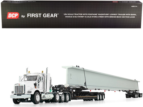 Kenworth T800 38" Sleeper Cab with Fontaine Magnitude Lowboy Trailer with Bunk and Cradle and Elk River 6-Axle Hydra Steer Trailer with Bridge Beam Section Load White and Black 1/64 Diecast Model by DCP/First Gear