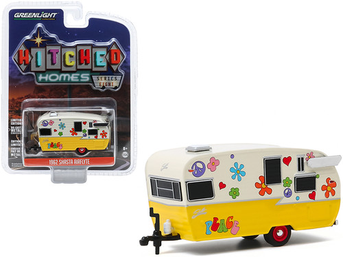 1962 Shasta Airflyte Travel Trailer "Peace and Love" Yellow and Cream "Hitched Homes" Series 8 1/64 Diecast Model by Greenlight