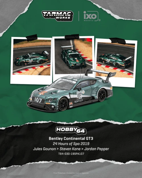 1/64 Tarmac Works 2019 Bentley Continental GT3 24 Hours of Spa 2019 Jules Gounon, Steven Kane, Jordan Pepper Diecast Car Model