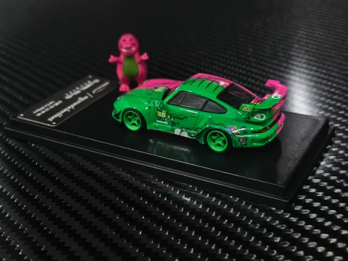 1/64 MC Porsche 911 993 RWB High Wing Diecast Car Model with Barney the Dinosaur Figure