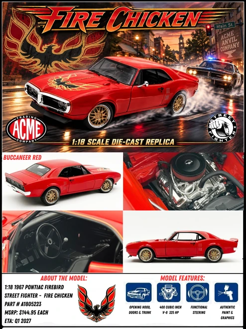 1/18 ACME 1967 Pontiac Firebird Street Fighter Fire Chicken Diecast Car Model