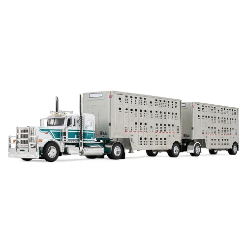 1/64 First Gear Peterbilt® Model 389 (White & Dark Teal Blue) with 36” Flat Top Sleeper & 28’ Wilson® Silverstar® Double Livestock Trailers Diecast Car Model