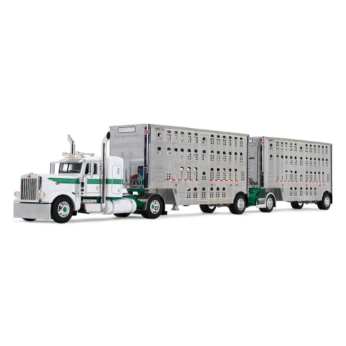 1/64 First Gear Peterbilt® Model 389 (White & Green) with 36” Flat Top Sleeper & 28’ Wilson® Silverstar®  Double Livestock Trailers Diecast Car Model