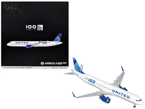 Airbus A321neo Commercial Aircraft "United Airlines 100th Anniversary" (N44550) White with Blue Tail "Gemini 200" Series 1/200 Diecast Model Airplane by GeminiJets
