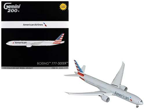 Boeing 777-300ER Commercial Aircraft with Flaps Down Configuration "American Airlines" (N722AN) Silver with Striped Tail "Gemini 200" Series 1/200 Diecast Model Airplane by GeminiJets