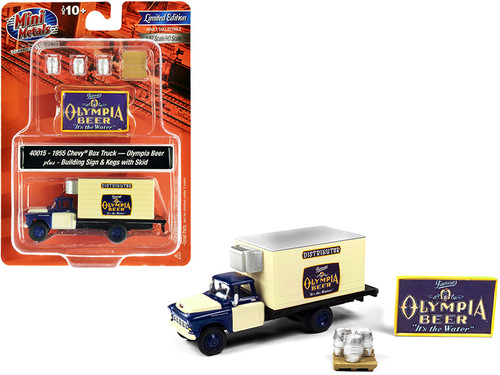 1955 Chevrolet Box Truck "Olympia Beer" Dark Blue and Yellow with Building Sign and 3 Beer Kegs with Skid 1/87 (HO) Scale Models by Classic Metal Works