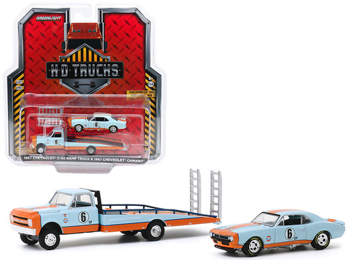 1967 Chevrolet C-30 Ramp Truck and 1967 Chevrolet Camaro #6 "Gulf Oil" Light Blue and Orange "H.D. Trucks" Series 18 1/64 Diecast Model Cars by Greenlight