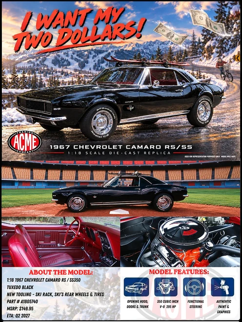 1/18 ACME 1967 Chevrolet Camaro RS/SS (Black) I Want My Two Dollars! Diecast Car Model