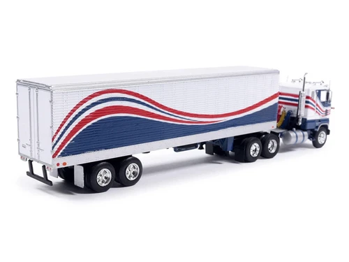 1976 Ford CL 9000 Truck with Refrigerated Trailer Blue and White with Stripes 1/64 Diecast Model Car by IXO Models