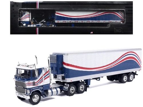 1976 Ford CL 9000 Truck with Refrigerated Trailer Blue and White with Stripes 1/64 Diecast Model Car by IXO Models