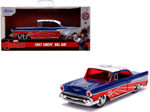 1957 Chevrolet Bel Air Blue Metallic and Red with White Top "Falcon" "Avengers" "Marvel" Series 1/32 Diecast Model Car by Jada