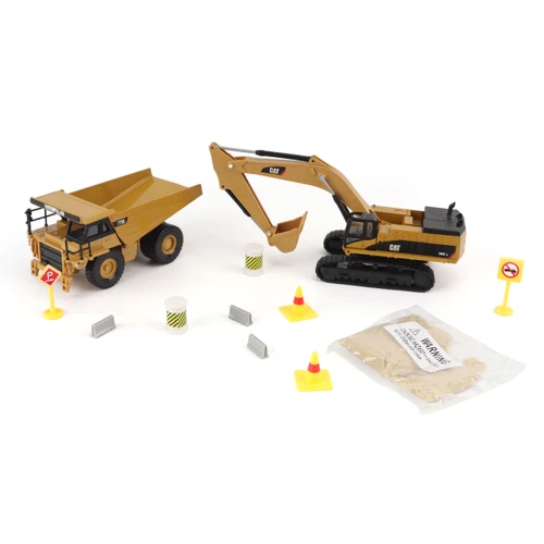1/64 Diecast Masters CAT 385 Excavator + CAT 775E Mining Truck with Motion Sand & Accessories