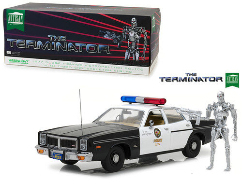 1/18 Greenlight 1977 Dodge Monaco Metropolitan Police with T-800 Endoskeleton Figure "The Terminator" (1984) Movie Diecast Car Model