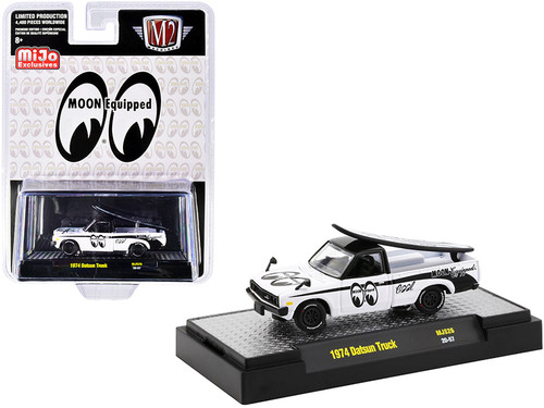 1974 Datsun Pickup Truck White and Black with Surfboard "Mooneyes" Limited Edition to 4400 pieces Worldwide 1/64 Diecast Model Car by M2 Machines