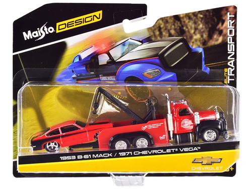 1953 Mack B-61 Tow Truck and 1971 Chevrolet Vega Red and Black "Elite Transport" Series 1/64 Diecast Models by Maisto