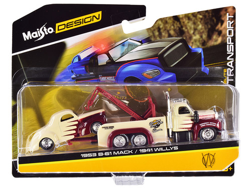 1953 Mack B-61 Tow Truck and 1941 Willys Cream and Burgundy "Elite Transport" Series 1/64 Diecast Models by Maisto