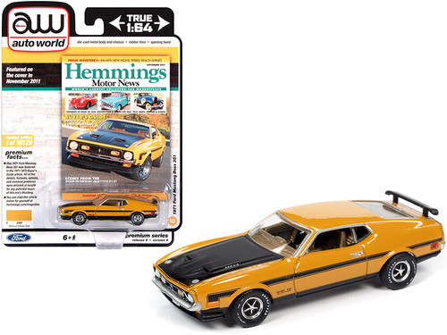 1971 Ford Mustang Boss 351 Medium Yellow Gold with Black Stripes and Hood "Hemmings Motor News" Magazine Cover Car (November 2011) Limited Edition to 10120 pieces Worldwide 1/64 Diecast Model Car by Autoworld