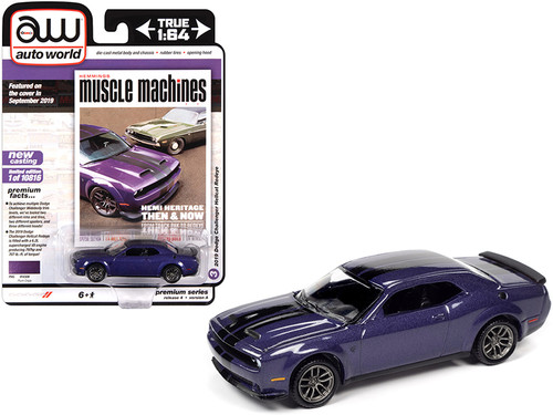 2019 Dodge Challenger Hellcat Redeye Plum Crazy Metallic with Twin Black Stripes "Hemmings Muscle Machines" Magazine Cover Car (September 2019) Limited Edition to 10816 pieces Worldwide 1/64 Diecast Model Car by Autoworld