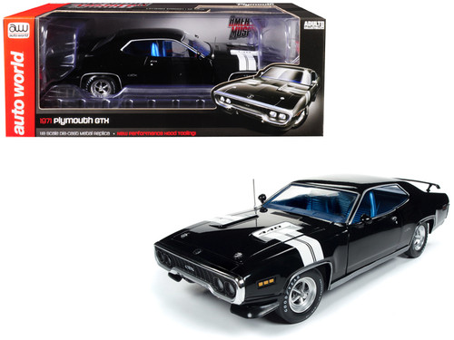 1971 Plymouth GTX Hardtop Black Velvet with White Stripes Limited Edition to 1,002 pieces Worldwide 1/18 Diecast Model Car by Autoworld