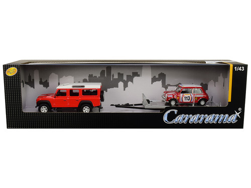 1:43 Cararama Land Rover Defender 110 with Trailer and Mini Cooper British Racing #113 (Red/White) Diecast Car Model