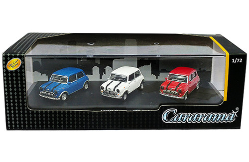 1:72 Cararama 3-Car Set - Mini Cooper (Blue, White, Red) in Plastic Case Diecast Car Model