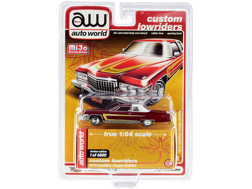 1976 Cadillac Coupe DeVille Burgundy and White with Chrome Wheels "Custom Lowriders" Limited Edition to 4800 pieces Worldwide 1/64 Diecast Model Car by Autoworld