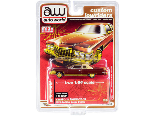 1976 Cadillac Coupe DeVille Burgundy and Cream with Gold Wheels "Custom Lowriders" Limited Edition to 4800 pieces Worldwide 1/64 Diecast Model Car by Autoworld