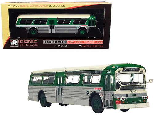 Flxible 53102 Transit Bus "CTA" (Chicago Illinois) Green and Silver with Cream Top "Vintage Bus & Motorcoach Collection" 1/87 Diecast Model by Iconic Replicas