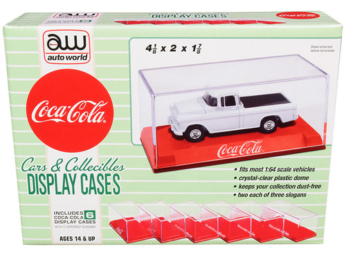 6 Collectible Acrylic Display Show Cases with Red Plastic Bases with 3 Different Slogans "Coca-Cola" for 1/64 Scale Model Cars by Autoworld